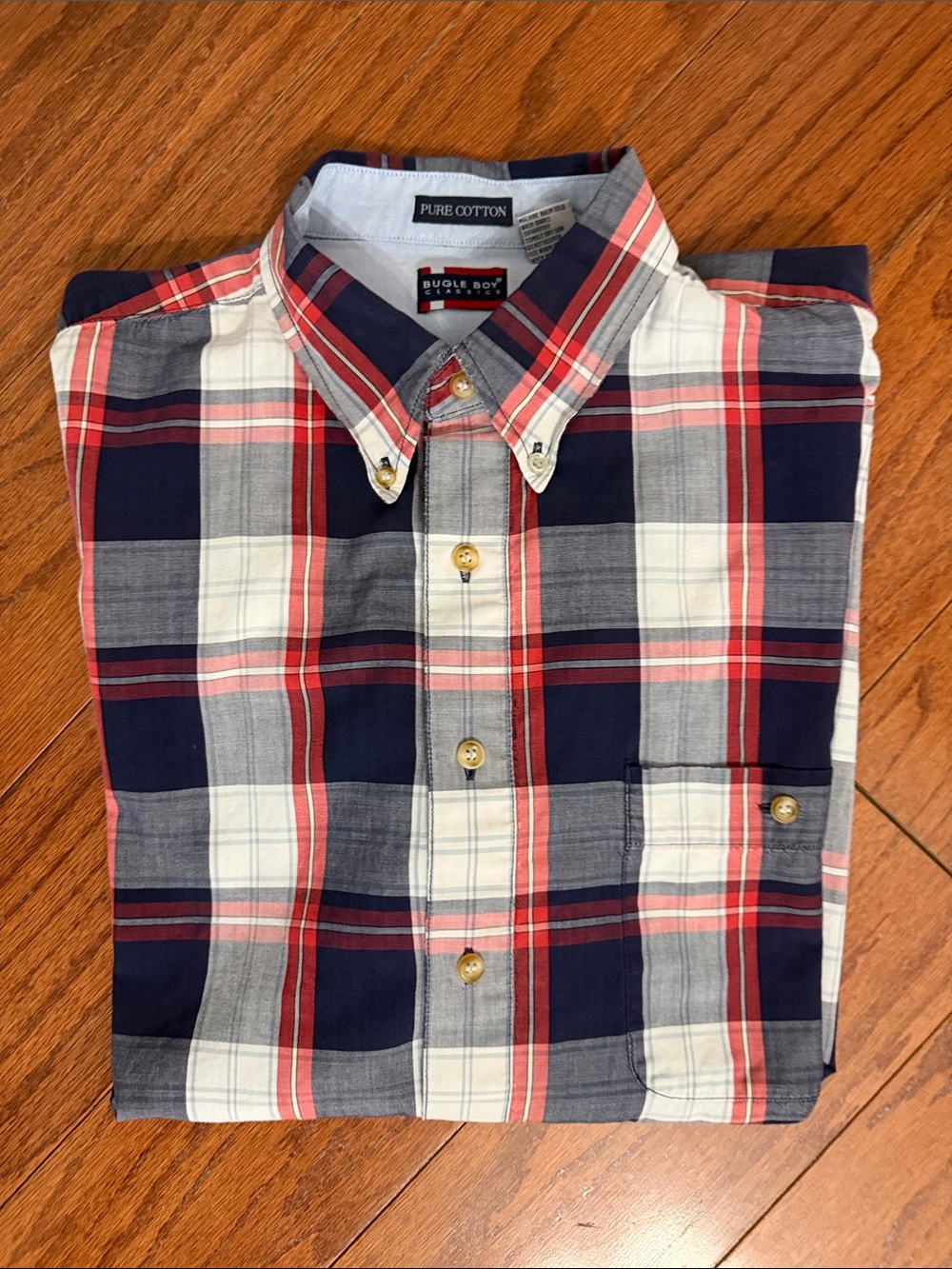 Vintage Bugle Boy Red, white & blue plaid pattern button down - XL